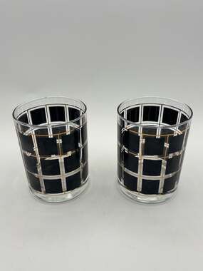 1970s Black and Gold Square Double Old Fashioned Glasses, Pair
